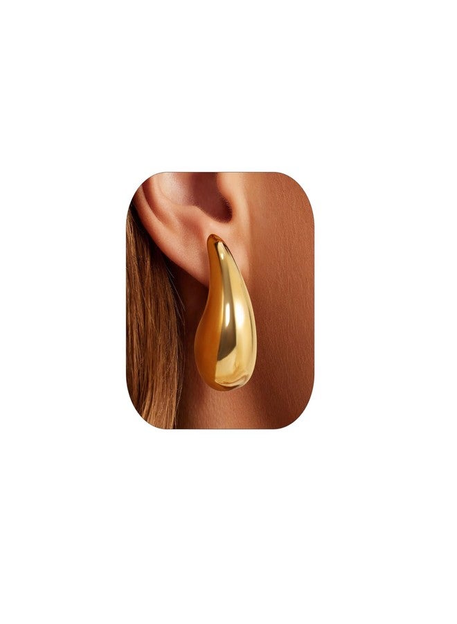 KeyStyle أقراط كي ستايل الذهبية على شكل دمعة للنساء، أقراط مضادة للحساسية على شكل دمعة، أقراط حلقية مطلية بالذهب عيار 14 قيراطًا على شكل دمعة، مجوهرات أقراط كبيرة على شكل قطرة ماء، 30 مم - Image 1